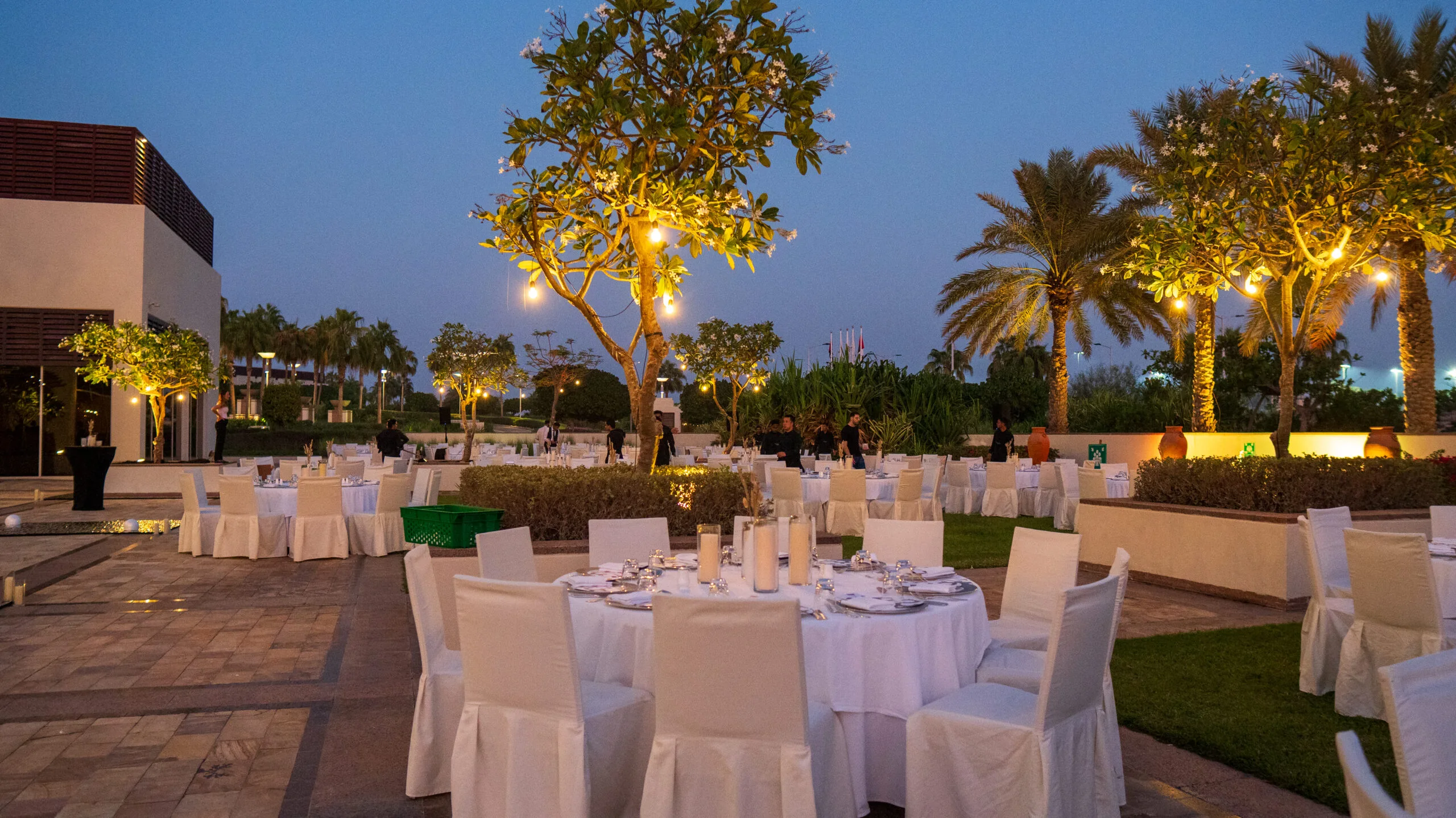 Outdoor evening wedding reception.